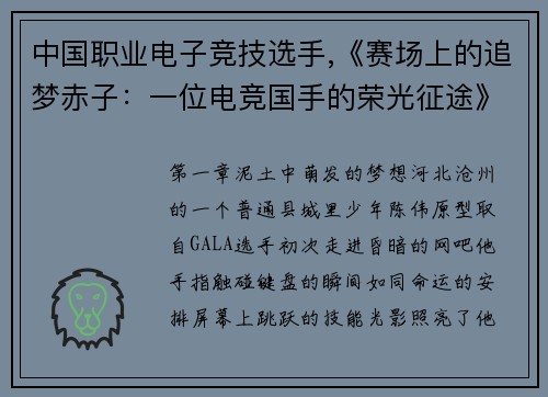 中国职业电子竞技选手,《赛场上的追梦赤子：一位电竞国手的荣光征途》